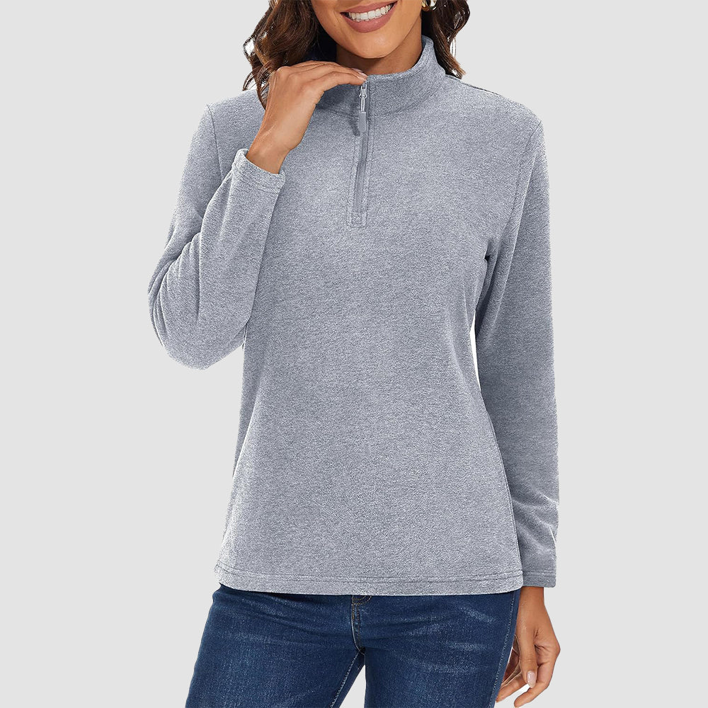 Light Grey Women's Quarter Zip Fleece Pullover Sweatshirt Athletic Top - MAGCOMSEN