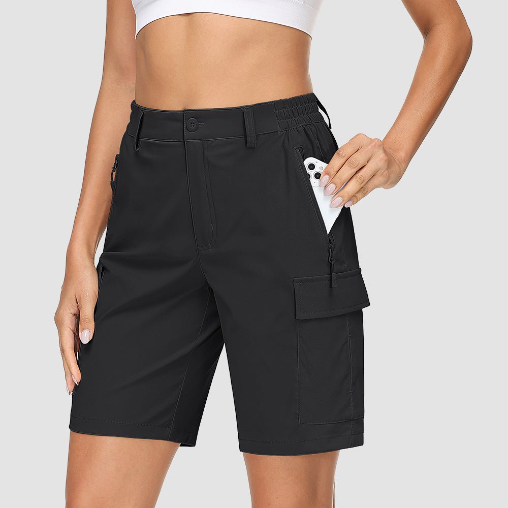 Black Women's Quick Dry Cargo Shorts - 5 - Pocket & Ripstop - MAGCOMSEN