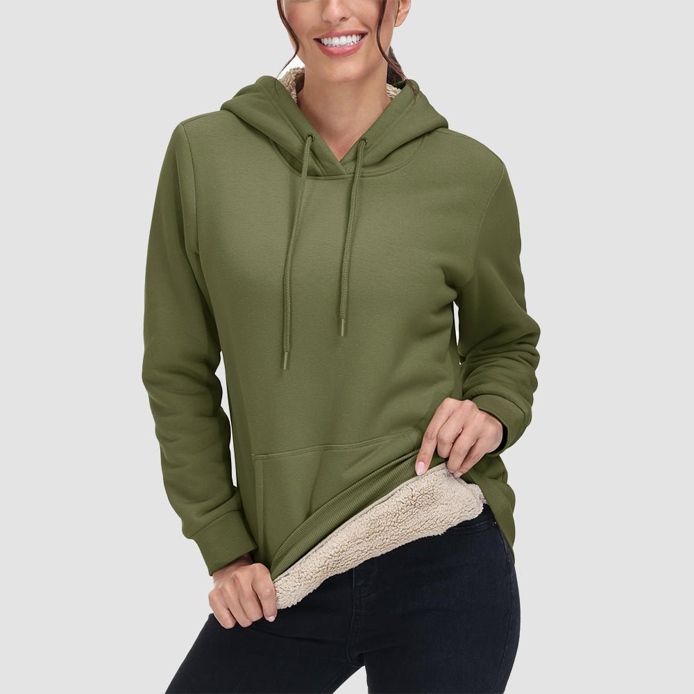 Army Green Women's Sherpa Hoodie - Fleece Lined & Kangaroo Pocket - MAGCOMSEN