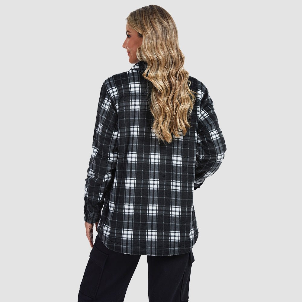 Black White Women's Sherpa Lined Flannel Shacket - Warm Plaid Button Down Winter Jacket - MAGCOMSEN