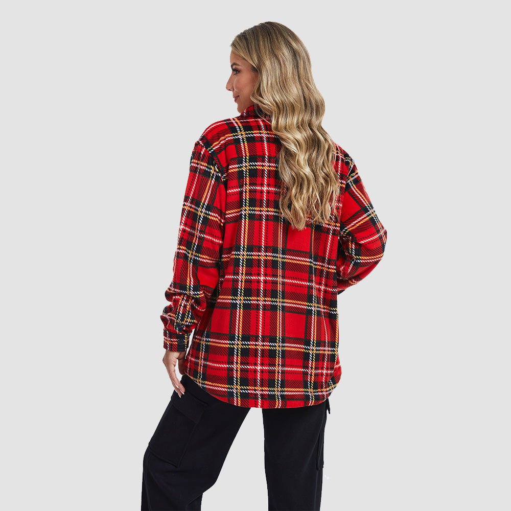 Red Black Women's Sherpa Lined Flannel Shacket - Warm Plaid Button Down Winter Jacket - MAGCOMSEN