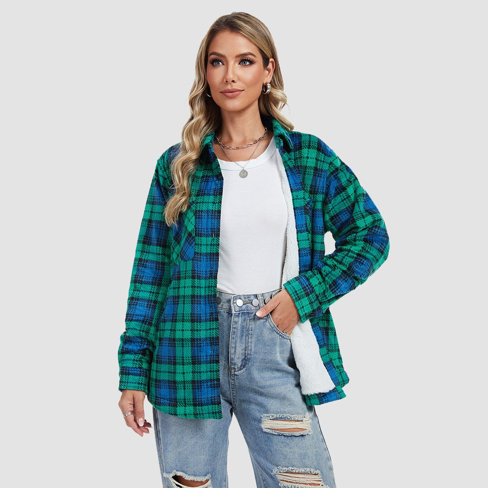 Green Blue Women's Sherpa Lined Flannel Shacket - Warm Plaid Button Down Winter Jacket - MAGCOMSEN