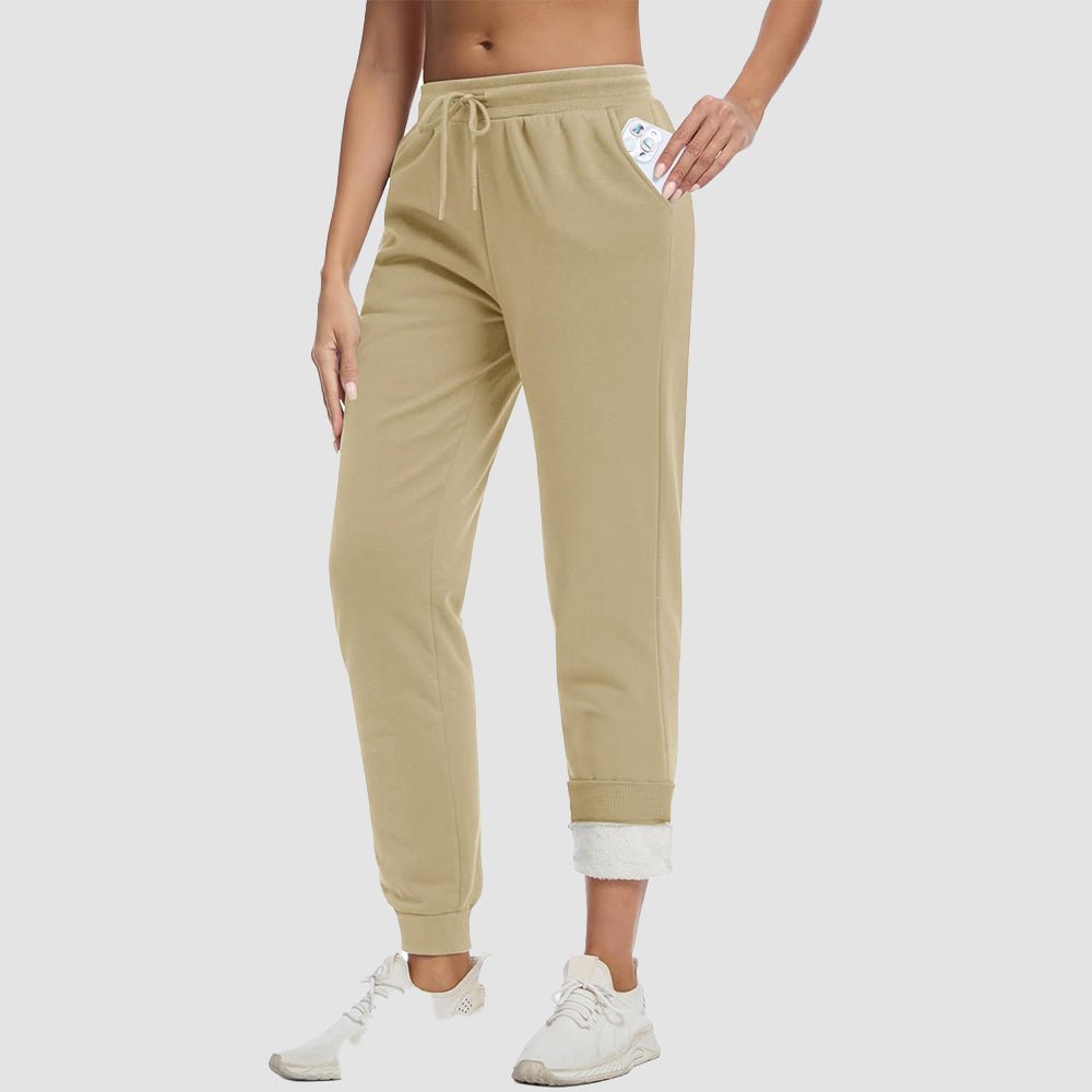 Khaki Women's Sherpa Lined Sweatpants Warm Fleece Winter Joggers - MAGCOMSEN