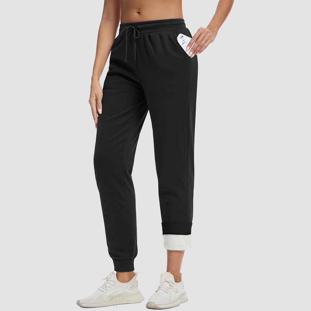Black Women's Sherpa Lined Sweatpants Warm Fleece Winter Joggers - MAGCOMSEN