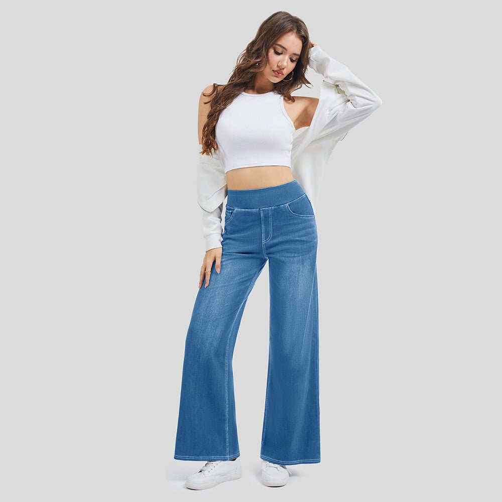 Light Blue Women's Stretchy Wide Leg Jeans Relaxed Fit Elastic Waist Pants - MAGCOMSEN