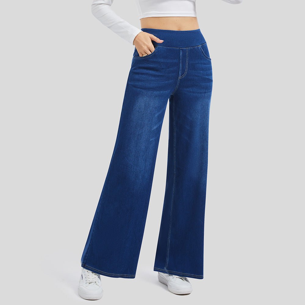 Deep Blue Women's Stretchy Wide Leg Jeans Relaxed Fit Elastic Waist Pants - MAGCOMSEN