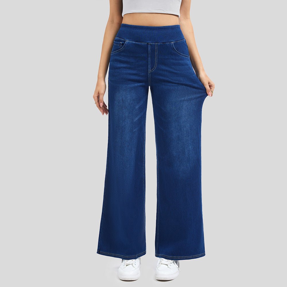 Deep Blue Women's Stretchy Wide Leg Jeans Relaxed Fit Elastic Waist Pants - MAGCOMSEN
