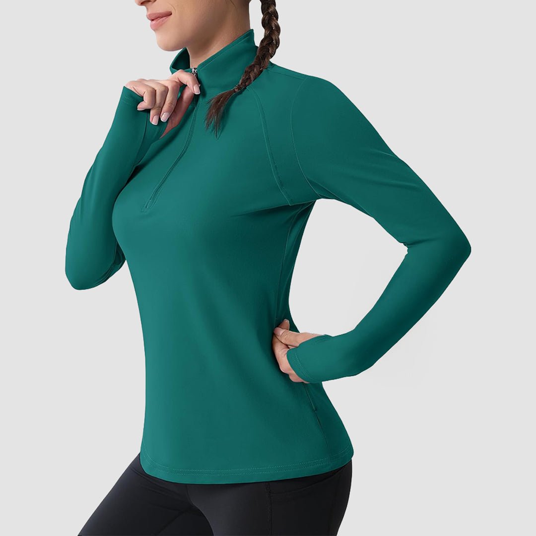 Green Women's Thermal Quarter Zip Athletic Running Shirt - MAGCOMSEN