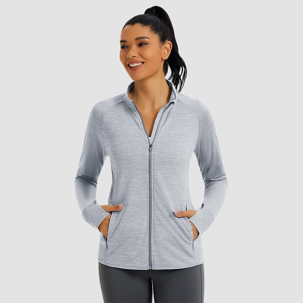 Light Grey Women's UPF 50+ Full Zip Running Jacket - Lightweight Sun Protection Top - MAGCOMSEN
