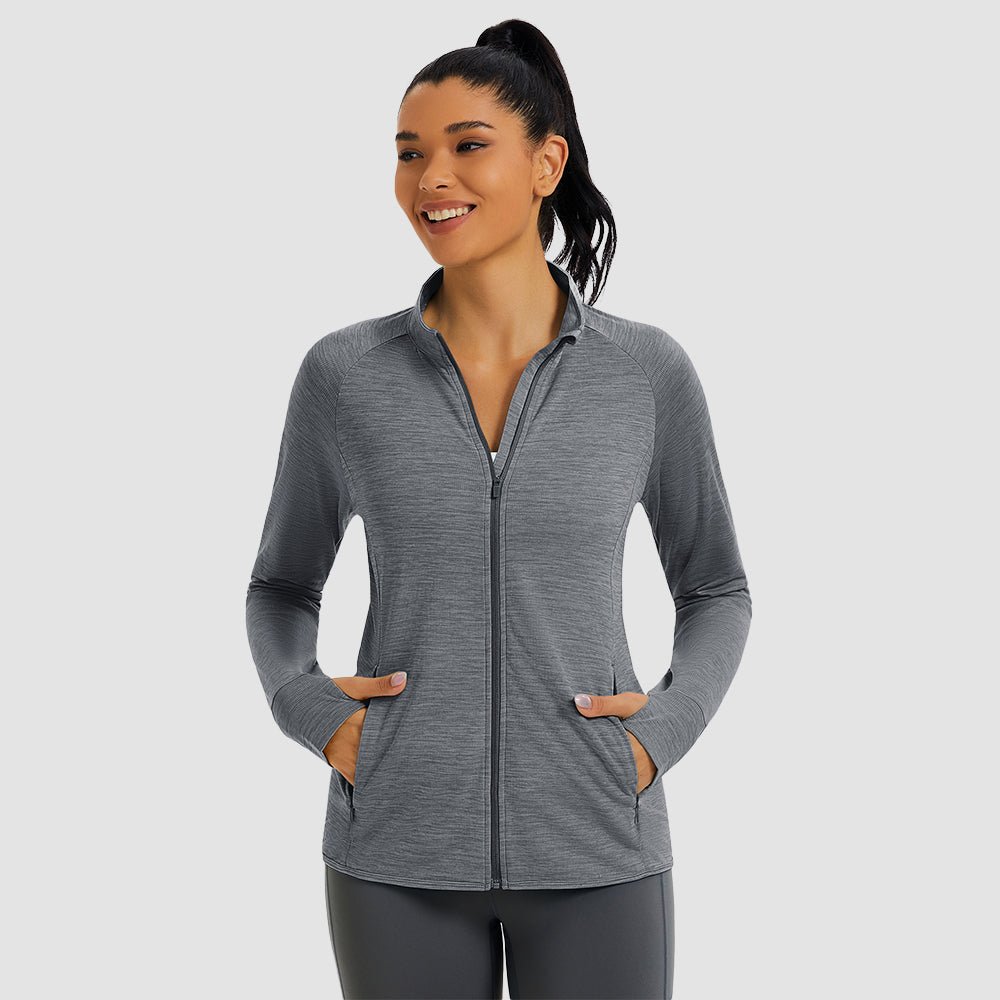 Grey Women's UPF 50+ Full Zip Running Jacket - Lightweight Sun Protection Top - MAGCOMSEN