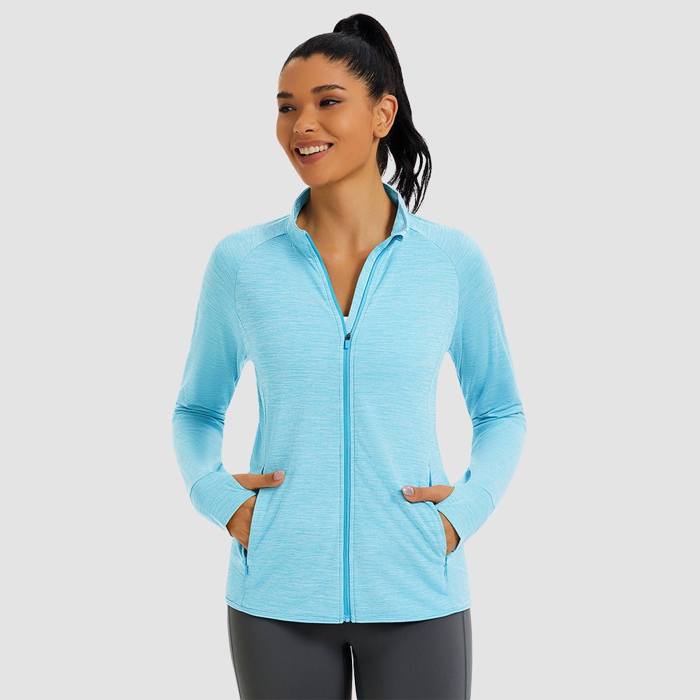 Light Blue Women's UPF 50+ Full Zip Running Jacket - Lightweight Sun Protection Top - MAGCOMSEN