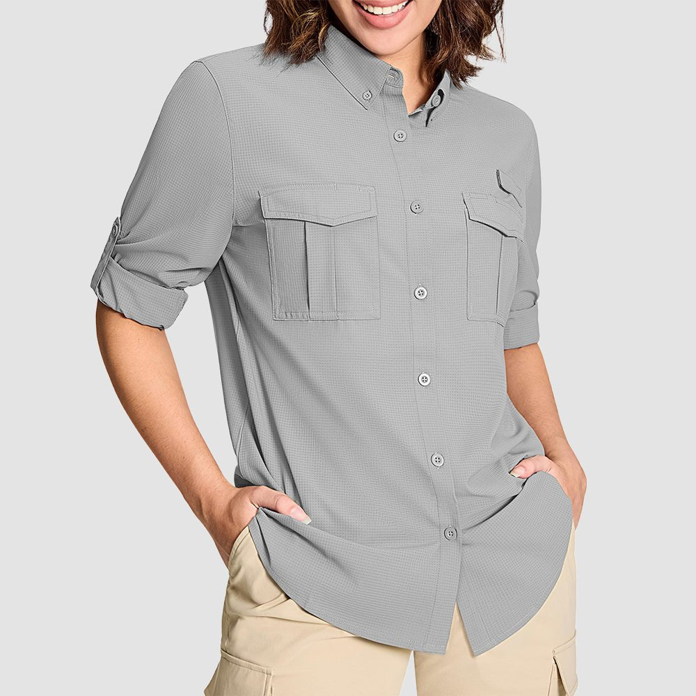 Light Grey Women's UPF 50 Sun Protection Long Sleeve Hiking Shirt - MAGCOMSEN