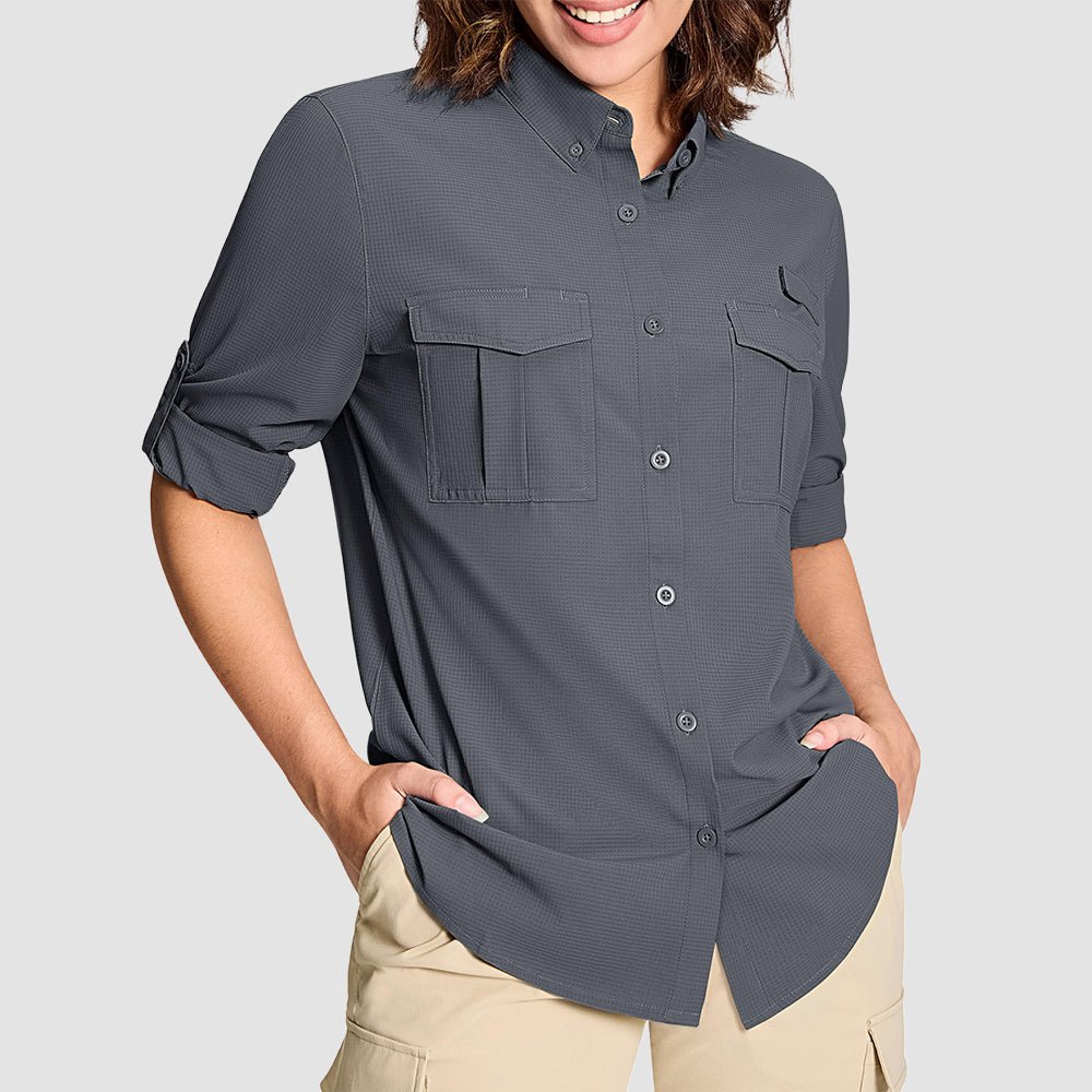Dark Grey Women's UPF 50 Sun Protection Long Sleeve Hiking Shirt - MAGCOMSEN