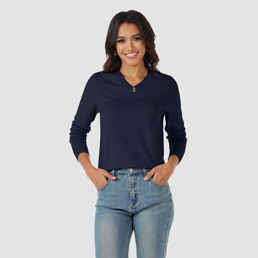 Navy Women's V Neck Casual Knit Long Sleeve Sweater - MAGCOMSEN