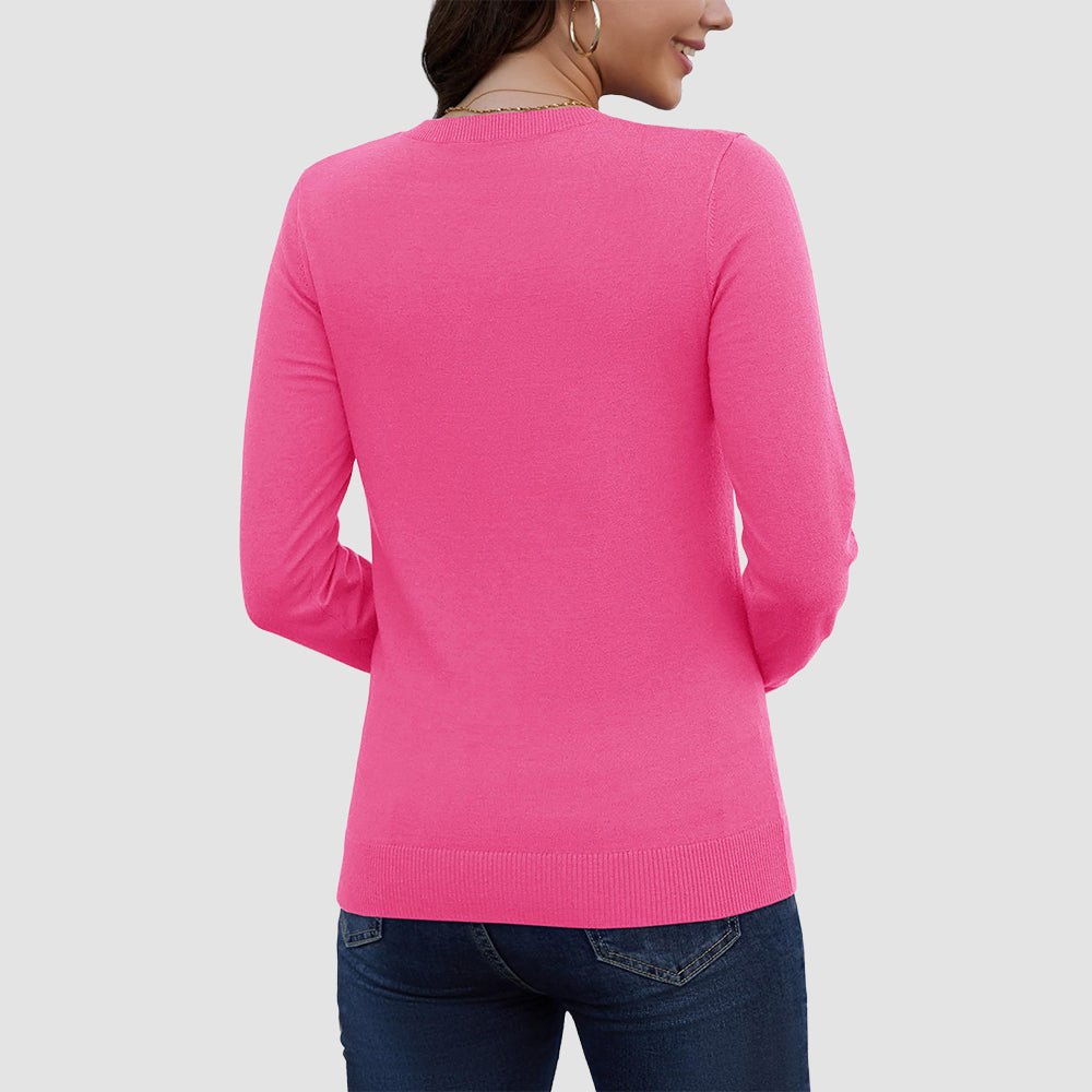 Rose Red Women's V Neck Casual Knit Long Sleeve Sweater - MAGCOMSEN