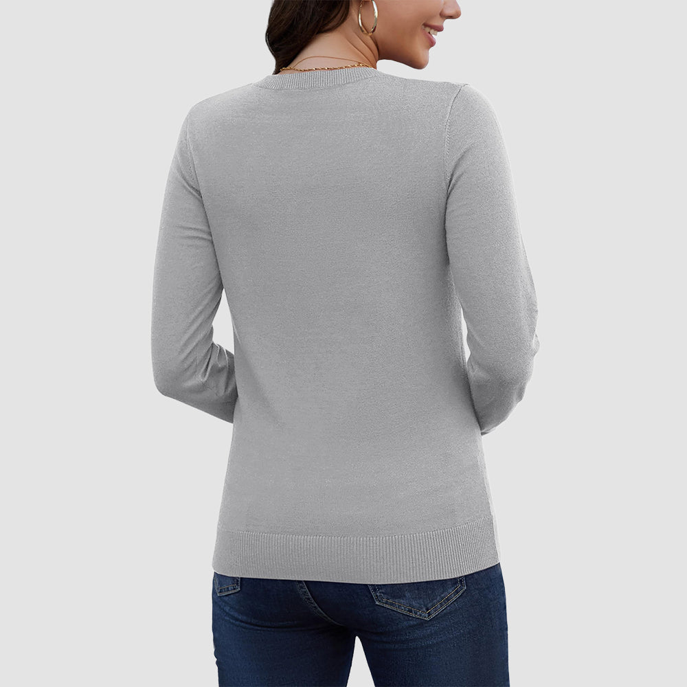 Light Grey Women's V Neck Casual Knit Long Sleeve Sweater - MAGCOMSEN