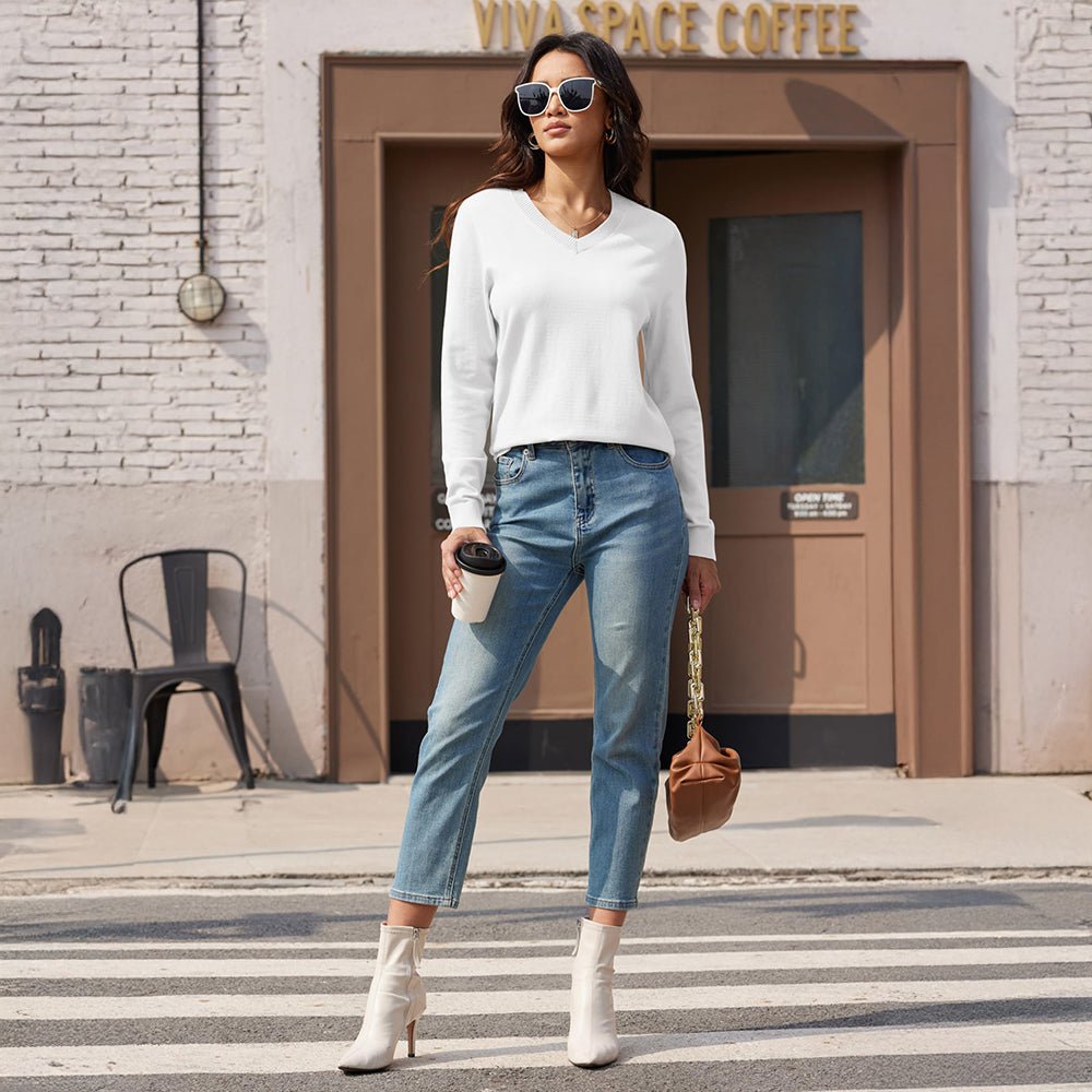 White Women's V Neck Casual Knit Long Sleeve Sweater - MAGCOMSEN