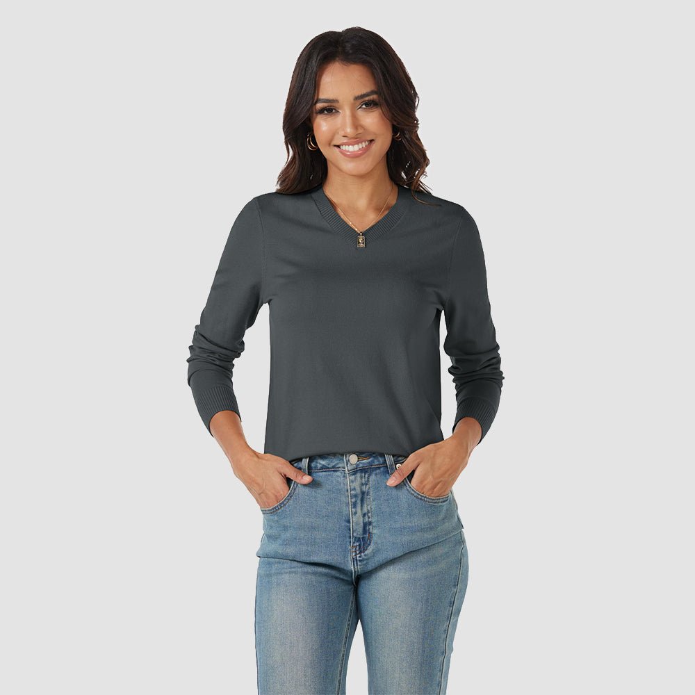 Dark Grey Women's V Neck Casual Knit Long Sleeve Sweater - MAGCOMSEN
