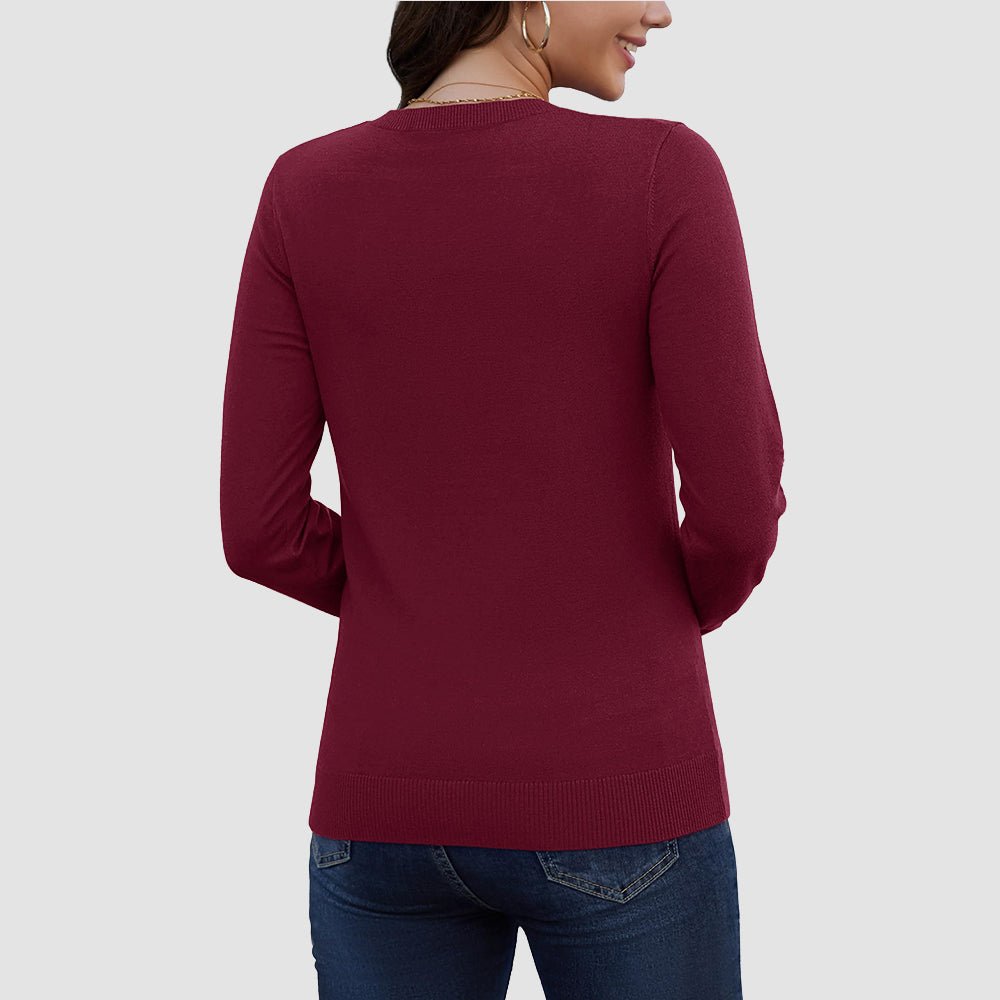 Wine Red Women's V Neck Casual Knit Long Sleeve Sweater - MAGCOMSEN