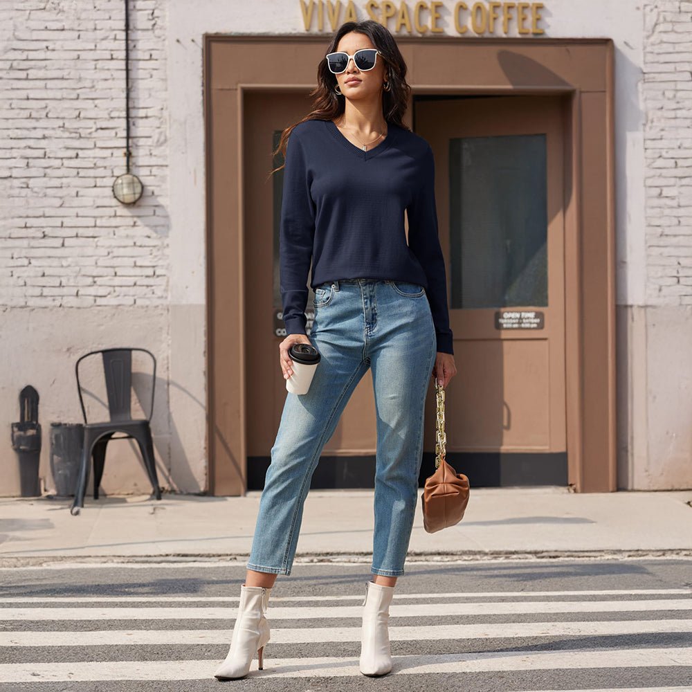 Navy Women's V Neck Casual Knit Long Sleeve Sweater - MAGCOMSEN