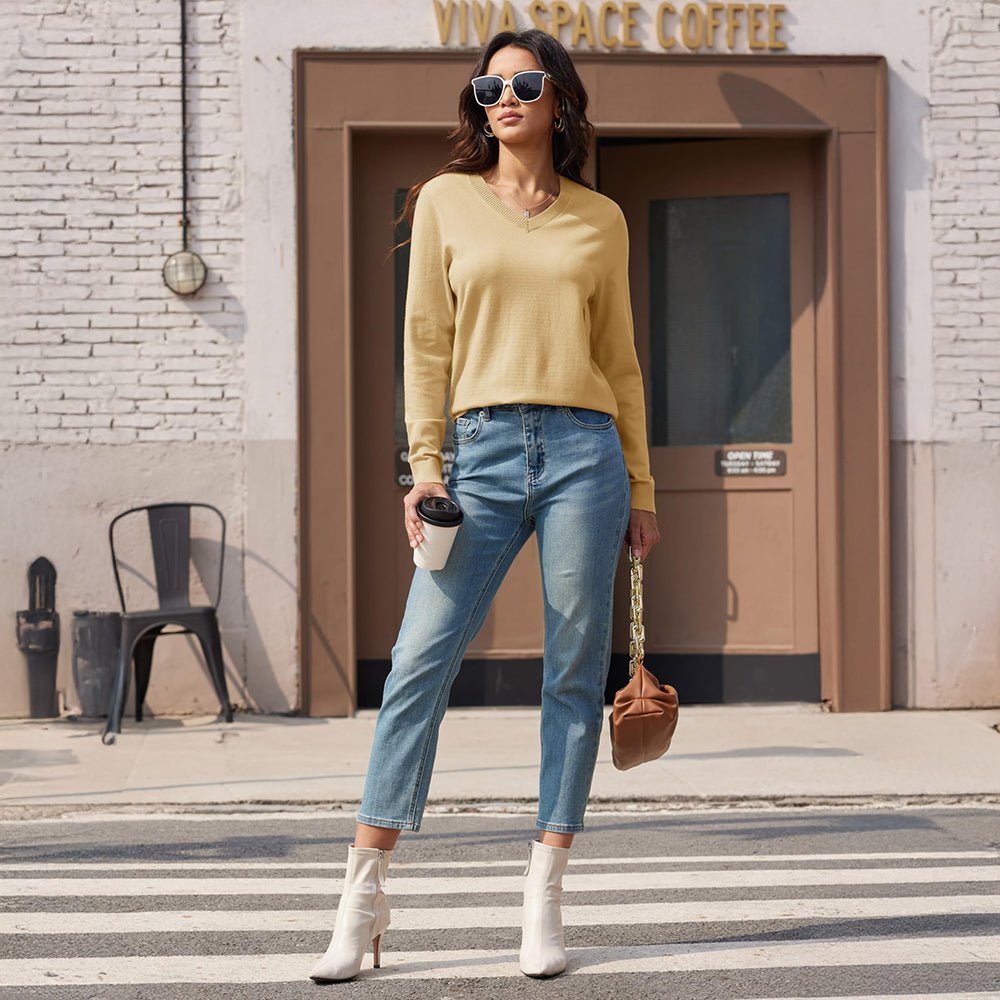 Apricot Women's V Neck Casual Knit Long Sleeve Sweater - MAGCOMSEN