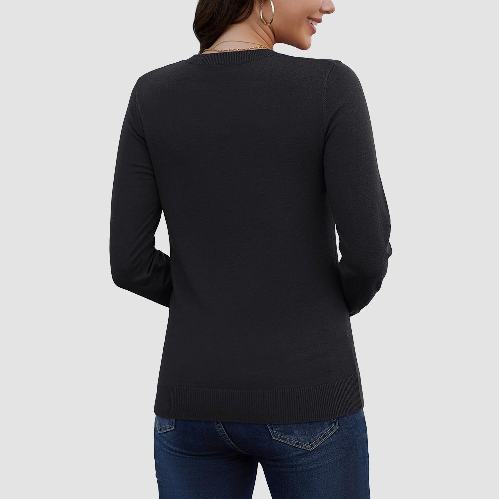 Black Women's V Neck Casual Knit Long Sleeve Sweater - MAGCOMSEN