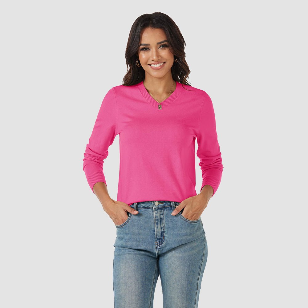 Rose Red Women's V Neck Casual Knit Long Sleeve Sweater - MAGCOMSEN