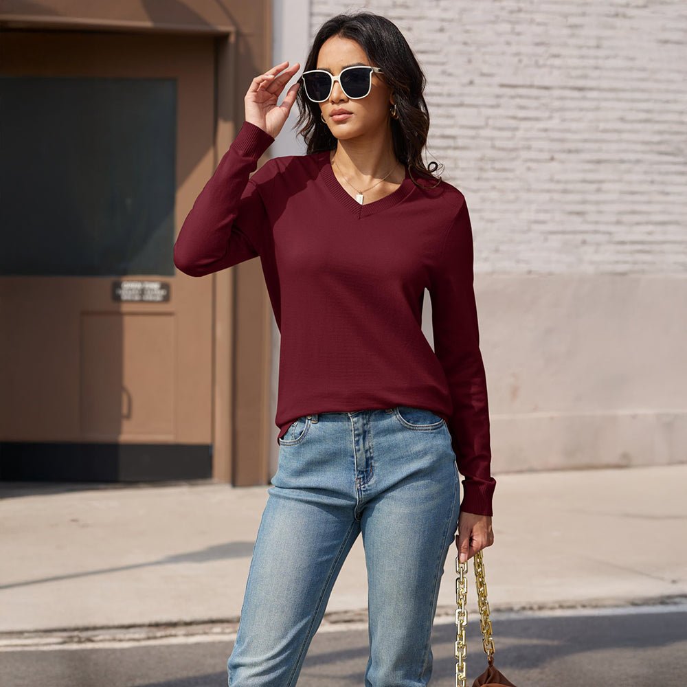 Wine Red Women's V Neck Casual Knit Long Sleeve Sweater - MAGCOMSEN