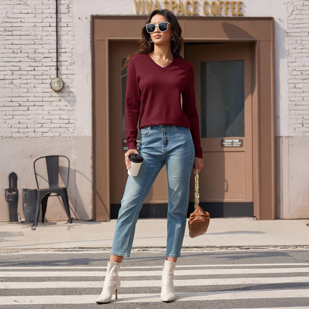 Wine Red Women's V Neck Casual Knit Long Sleeve Sweater - MAGCOMSEN