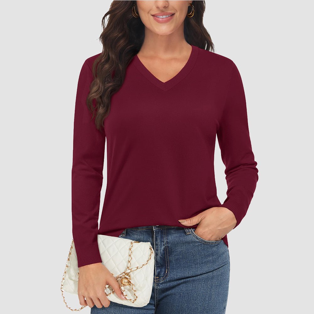 Wine Red Women's V Neck Casual Knit Long Sleeve Sweater - MAGCOMSEN