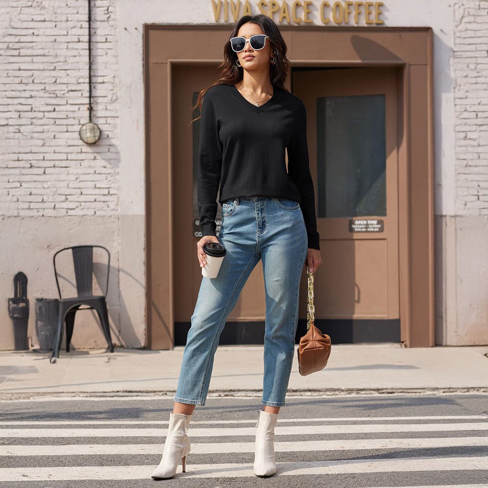 Black Women's V Neck Casual Knit Long Sleeve Sweater - MAGCOMSEN