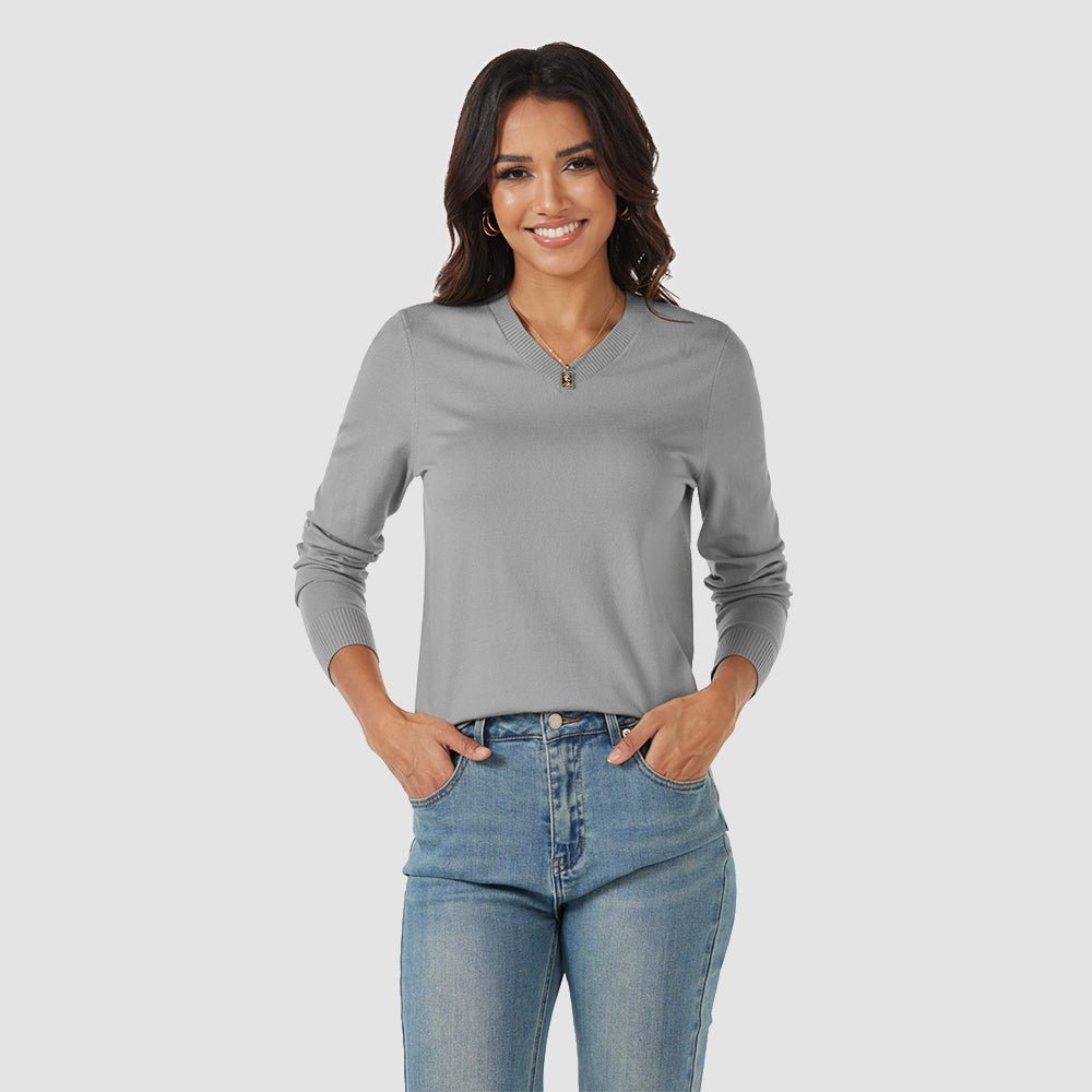 Light Grey Women's V Neck Casual Knit Long Sleeve Sweater - MAGCOMSEN