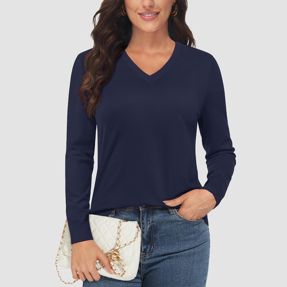 Navy Women's V Neck Casual Knit Long Sleeve Sweater - MAGCOMSEN