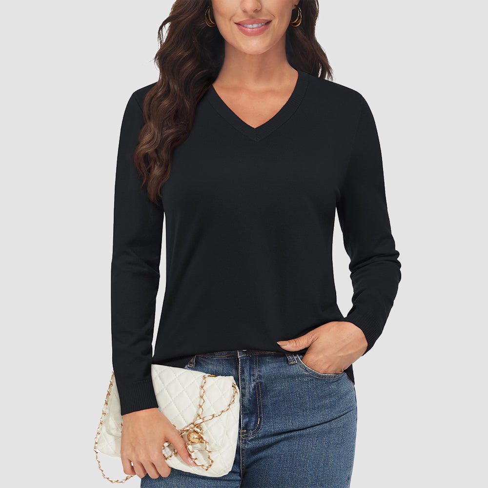 Black Women's V Neck Casual Knit Long Sleeve Sweater - MAGCOMSEN