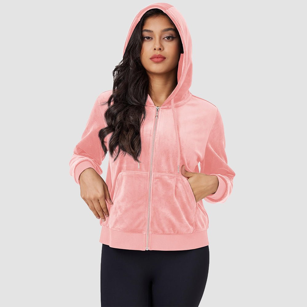 Pink Women's Velvet Crop Hoodie Jacket with Zip Pockets - MAGCOMSEN