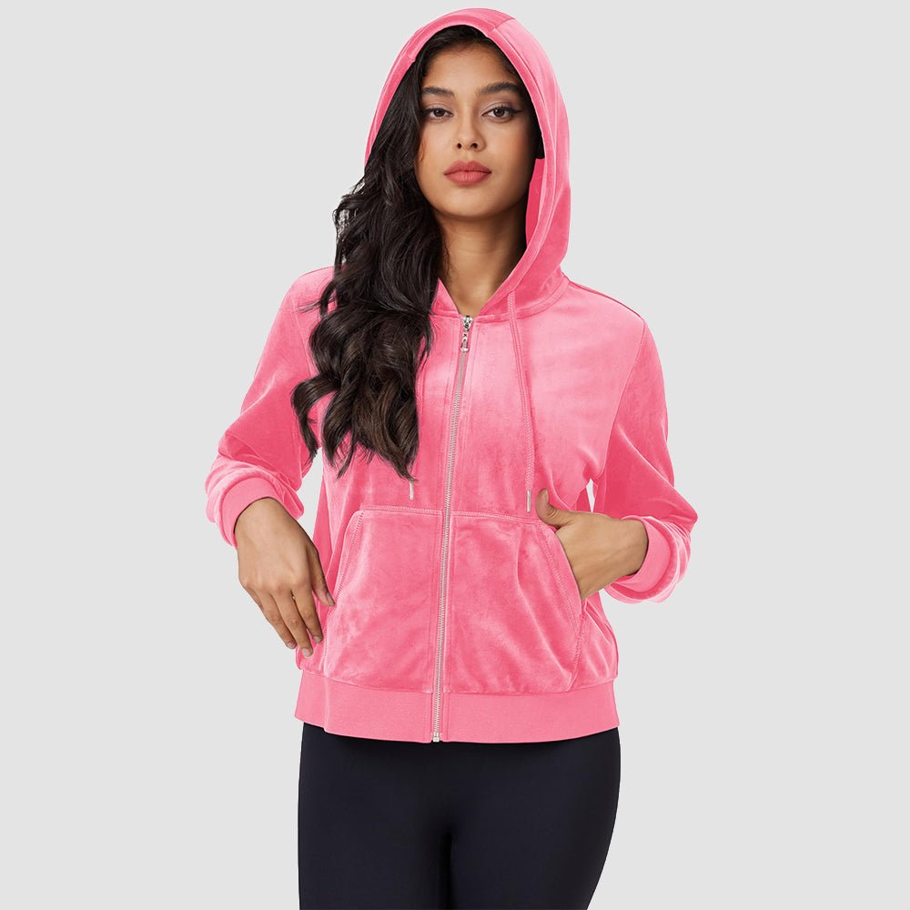 Bright Pink Women's Velvet Crop Hoodie Jacket with Zip Pockets - MAGCOMSEN