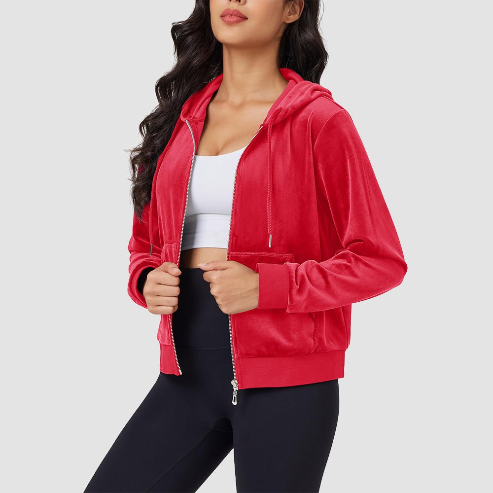 Red Women's Velvet Crop Hoodie Jacket with Zip Pockets - MAGCOMSEN