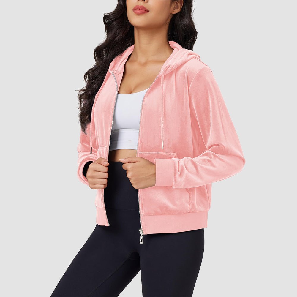 Pink Women's Velvet Crop Hoodie Jacket with Zip Pockets - MAGCOMSEN