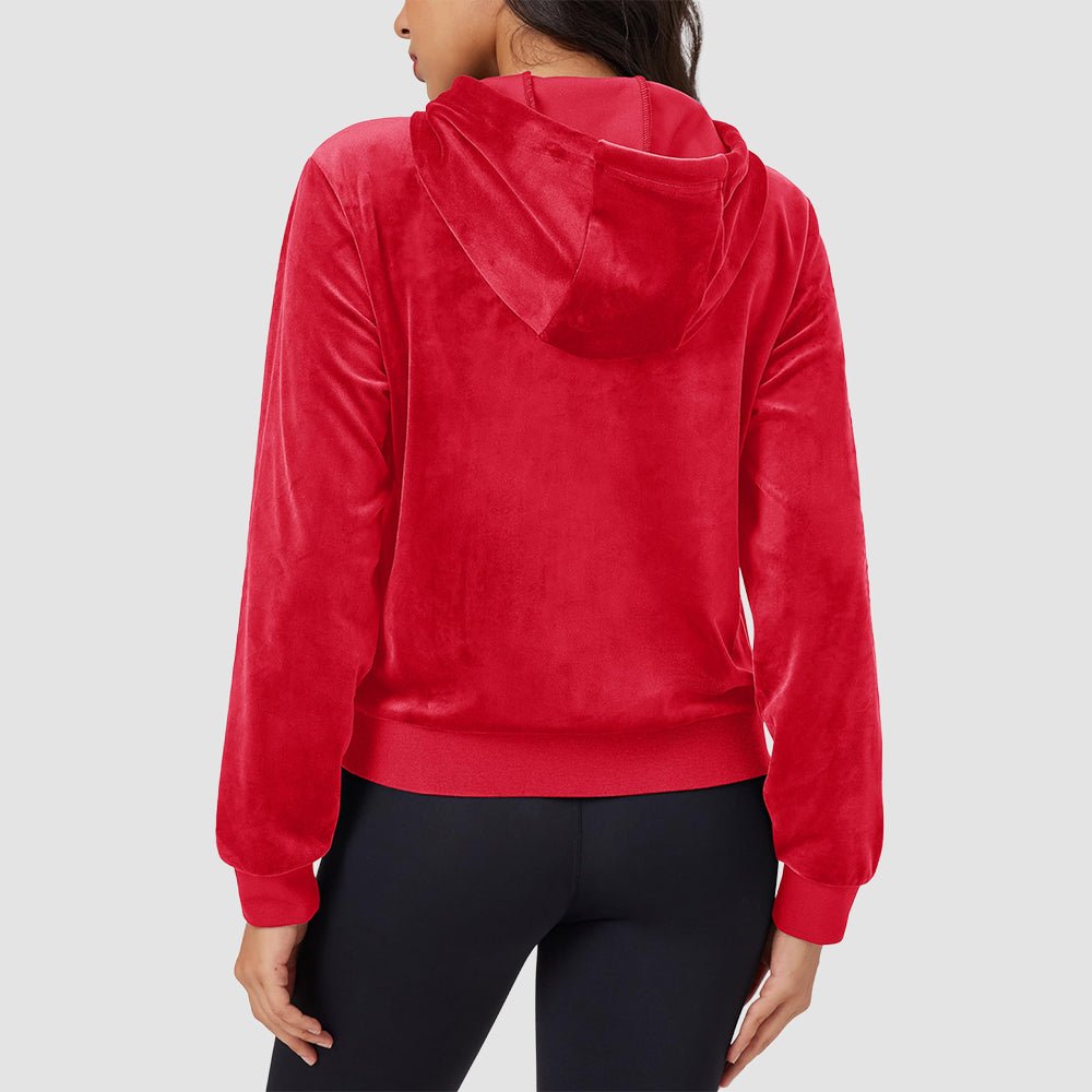 Red Women's Velvet Crop Hoodie Jacket with Zip Pockets - MAGCOMSEN