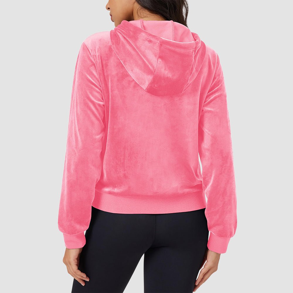 Bright Pink Women's Velvet Crop Hoodie Jacket with Zip Pockets - MAGCOMSEN