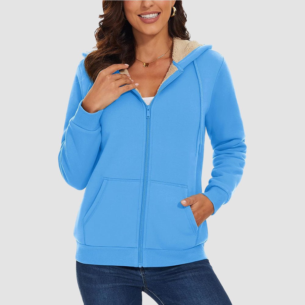 Sky Blue Women's Zip - Up Sherpa Lined Fleece Hoodie Jacket - MAGCOMSEN