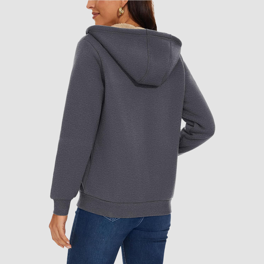 Dark Grey Women's Zip - Up Sherpa Lined Fleece Hoodie Jacket - MAGCOMSEN