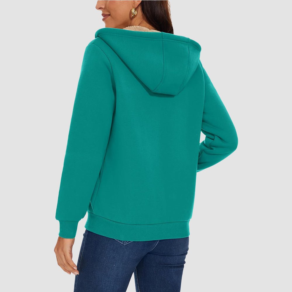 Jade Green Women's Zip - Up Sherpa Lined Fleece Hoodie Jacket - MAGCOMSEN