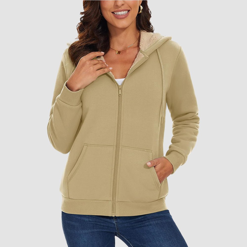 Khaki Women's Zip - Up Sherpa Lined Fleece Hoodie Jacket - MAGCOMSEN