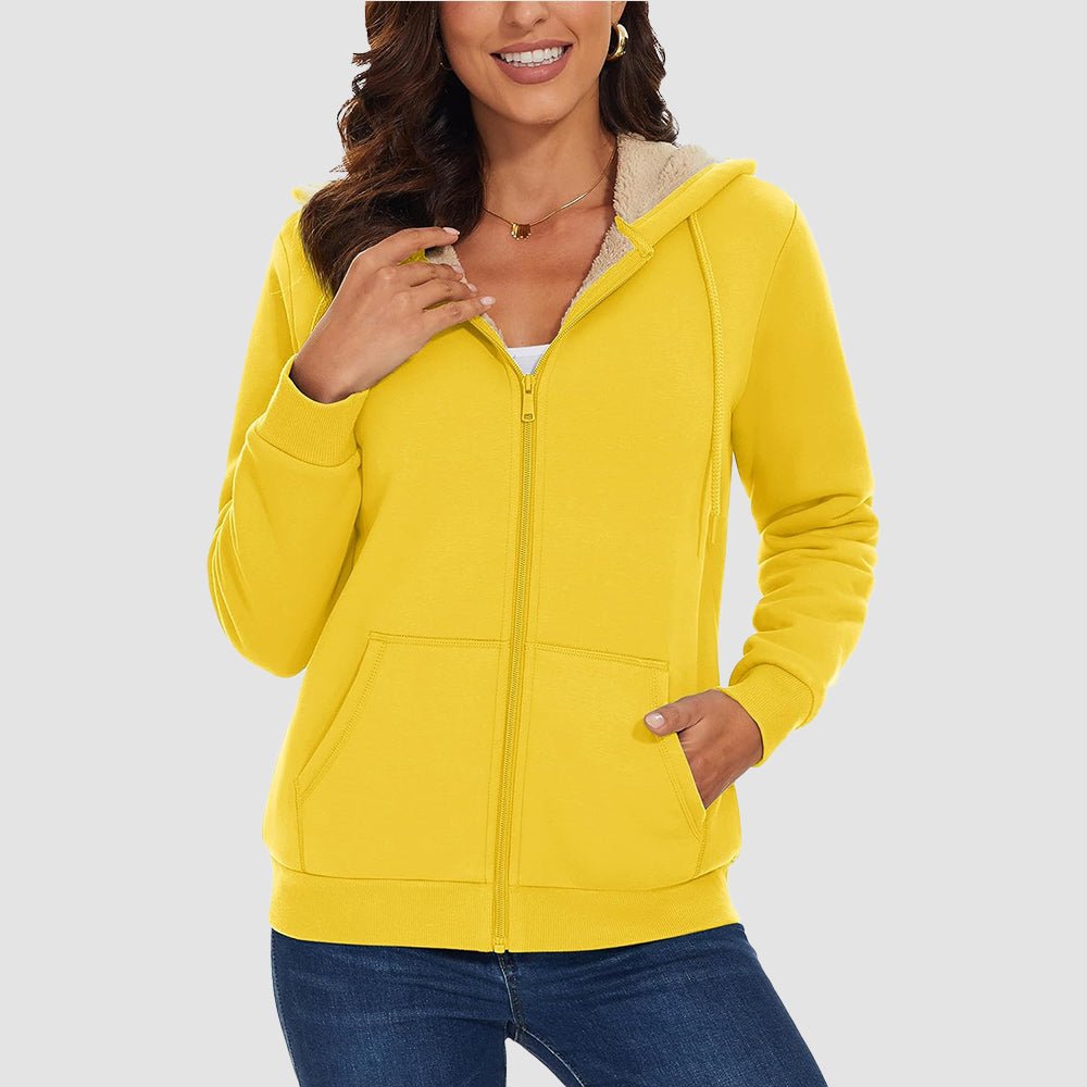 Yellow Women's Zip - Up Sherpa Lined Fleece Hoodie Jacket - MAGCOMSEN