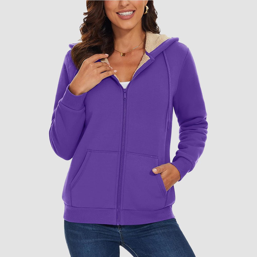 Purple Women's Zip - Up Sherpa Lined Fleece Hoodie Jacket - MAGCOMSEN