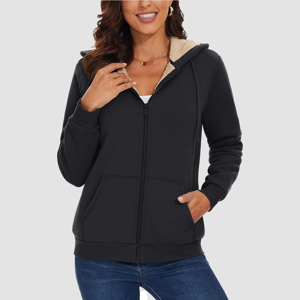 Black Women's Zip - Up Sherpa Lined Fleece Hoodie Jacket - MAGCOMSEN
