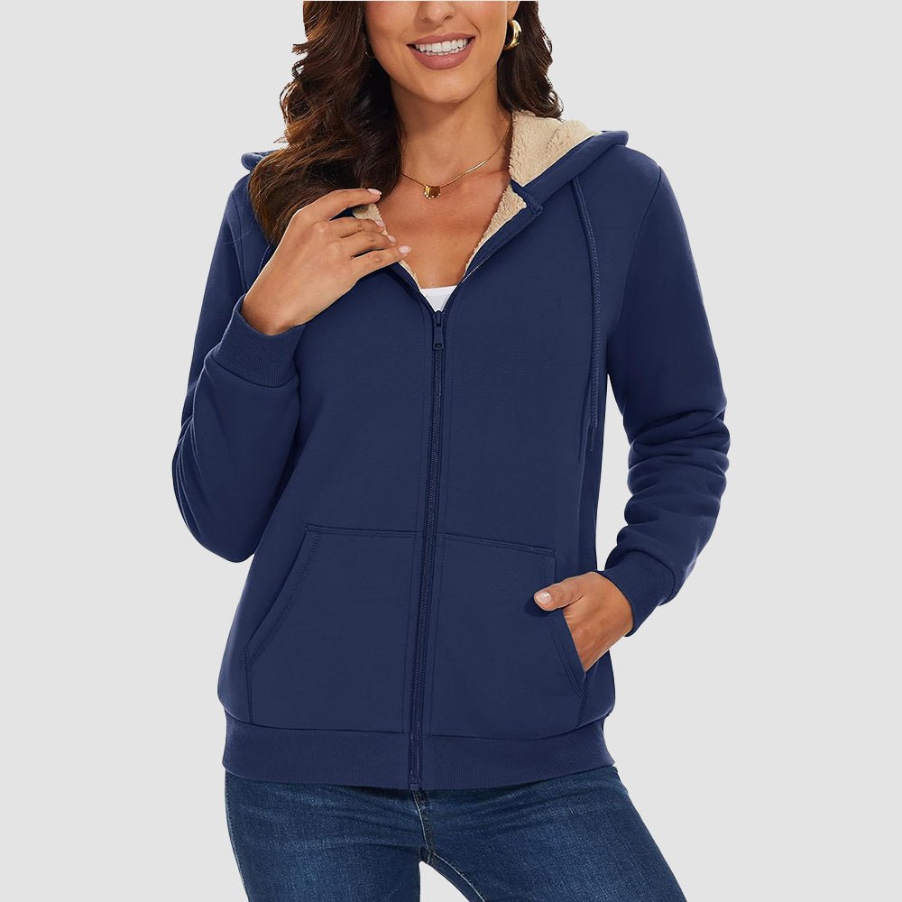 Navy Women's Zip - Up Sherpa Lined Fleece Hoodie Jacket - MAGCOMSEN