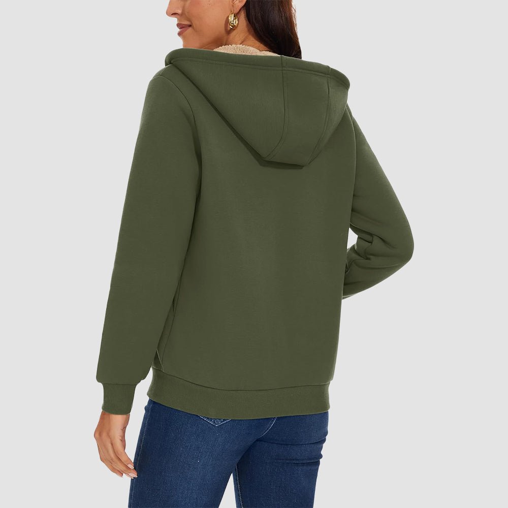 Army Green Women's Zip - Up Sherpa Lined Fleece Hoodie Jacket - MAGCOMSEN