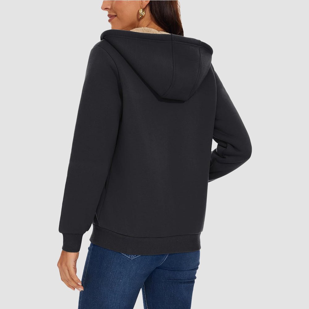 Black Women's Zip - Up Sherpa Lined Fleece Hoodie Jacket - MAGCOMSEN